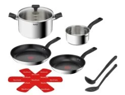 Tefal Delicious Batterie De Cuisine Inox 8 Pièces Casserole 16 Cm, Faitout 24 Cm + Couvercle, Poêles Revêtues 24/28 Cm, Louche, Ecumoire, Feutrine Protège-poêles