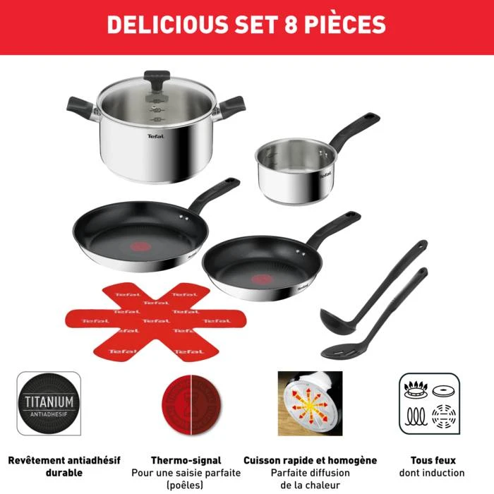 Tefal Delicious Batterie De Cuisine Inox 8 Pièces Casserole 16 Cm, Faitout 24 Cm + Couvercle, Poêles Revêtues 24/28 Cm, Louche, Ecumoire, Feutrine Protège-poêles - Image 3